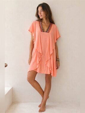 Pitusa Coral Beaded V-Neck Ruffled Swim Coverup